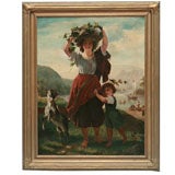 Oil Painting Landscape With A Woman Gathering Grape Leaves