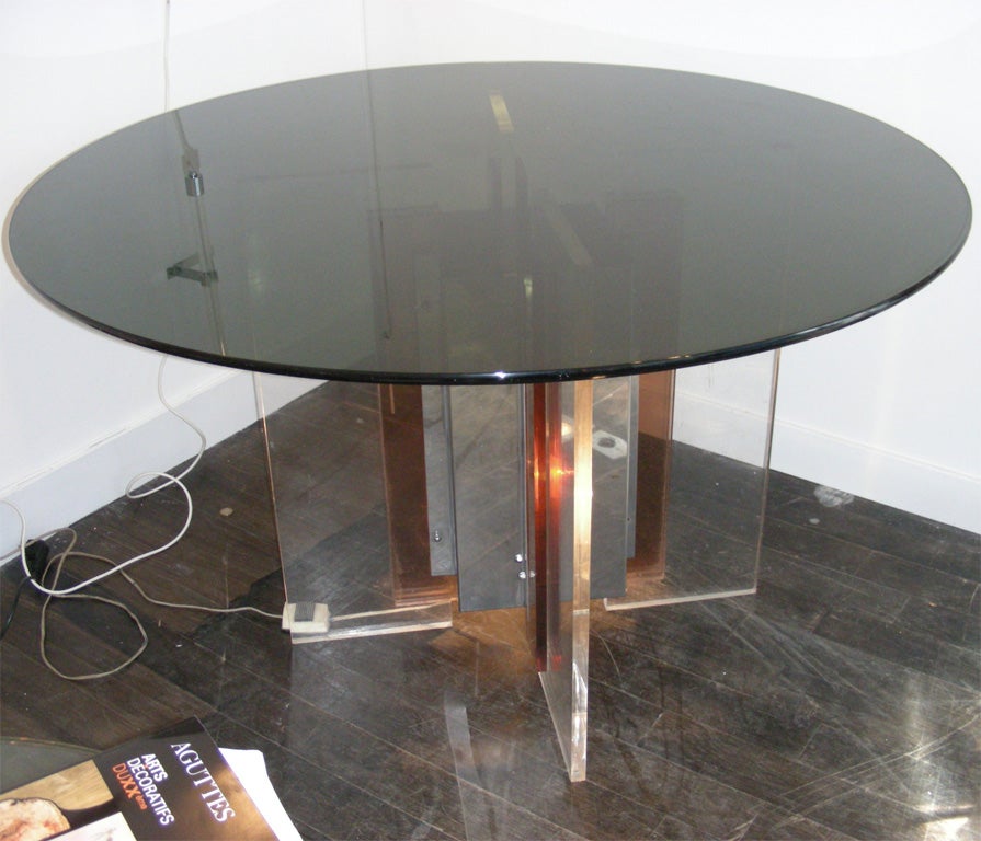 1970s guéridon by Philippe Jean with top in smoked glass, base in chromed metal, tinted and white plexiglass. Lighted base.
