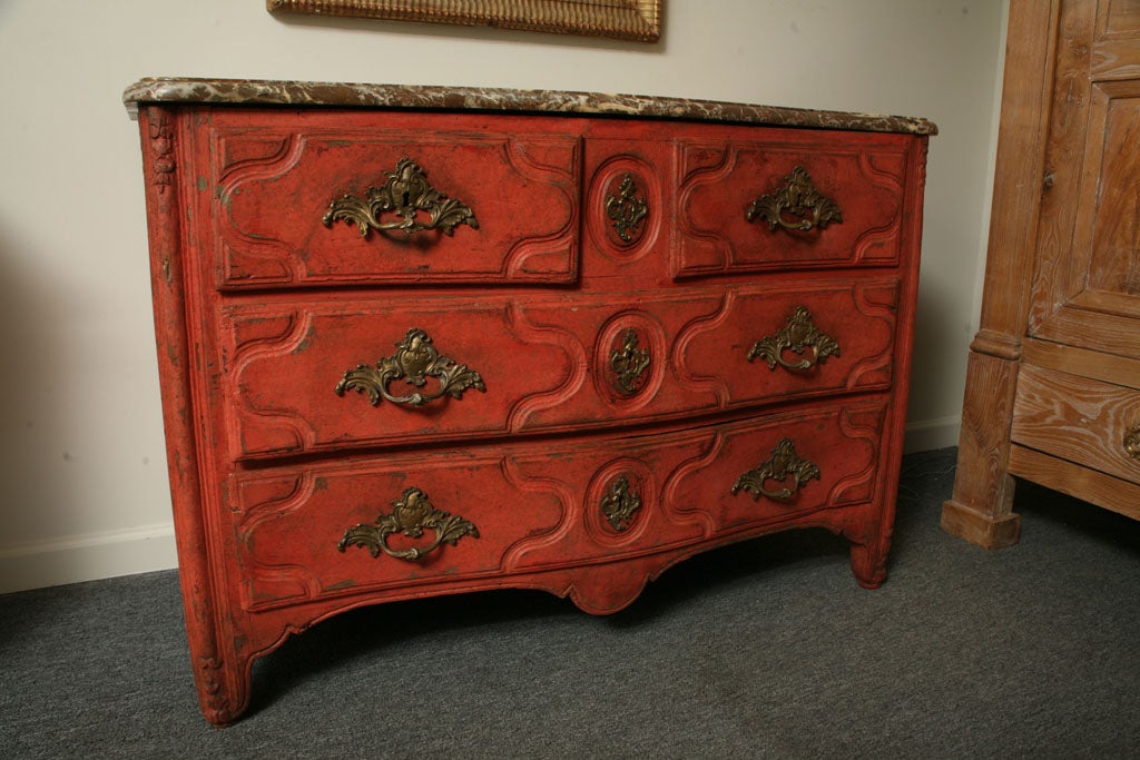 Red Painted 4-Drawer Louis XV Commode with Marble Top.  All Original and very Unusual Red Color.