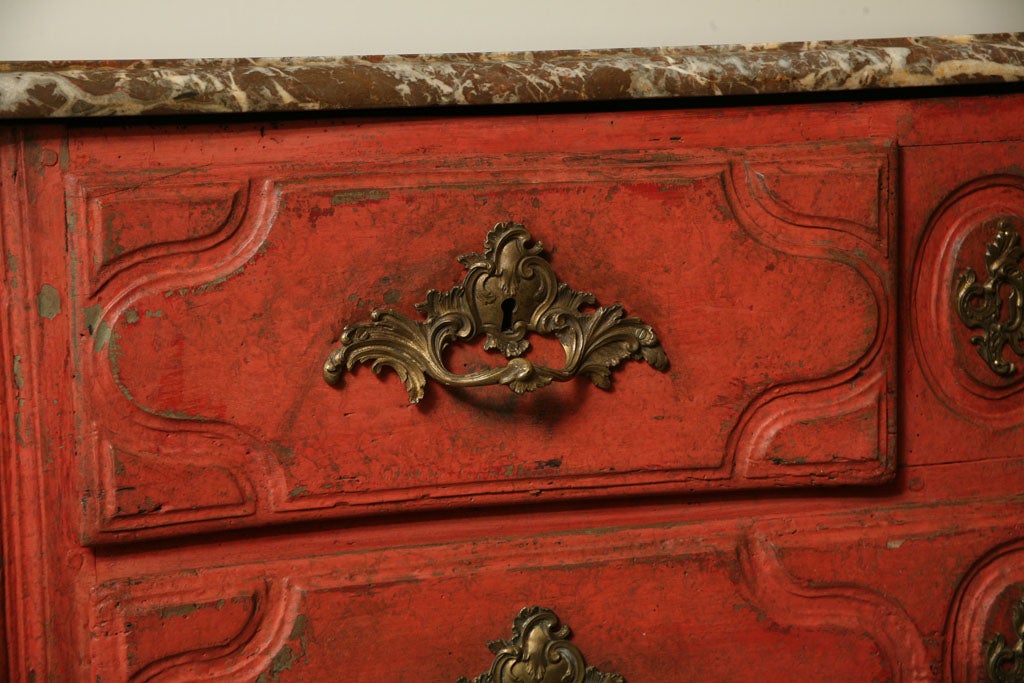 French Red Painted Louis XV 4-Drawer Commode with Marble Top
