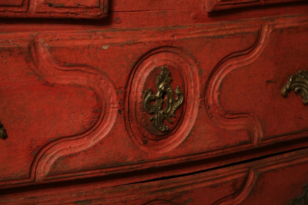 Red Painted Louis XV 4-Drawer Commode with Marble Top In Good Condition In Los Angeles, CA