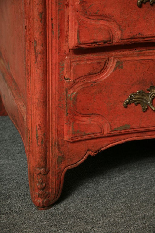 18th Century and Earlier Red Painted Louis XV 4-Drawer Commode with Marble Top