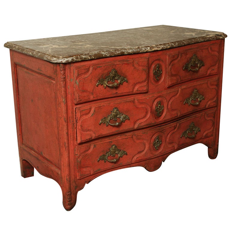 Red Painted Louis XV 4-Drawer Commode with Marble Top