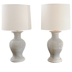 Pair of Dove Gray Chinese Crackle Glazed Urn Table Lamps