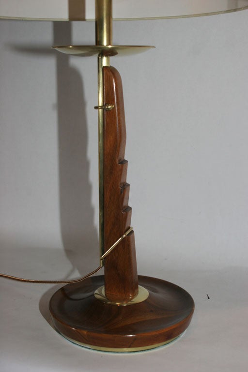 American  Table Lamps Pair Mid Century Modern adjustable wood and brass  For Sale