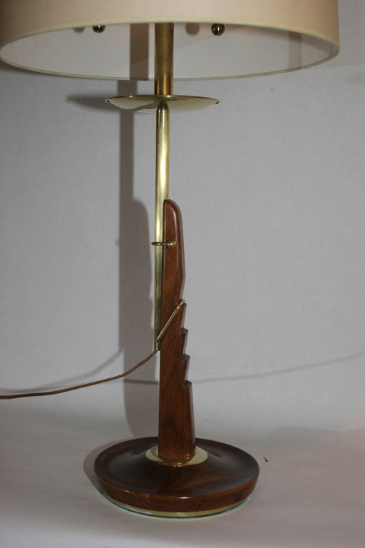 Polished  Table Lamps Pair Mid Century Modern adjustable wood and brass  For Sale