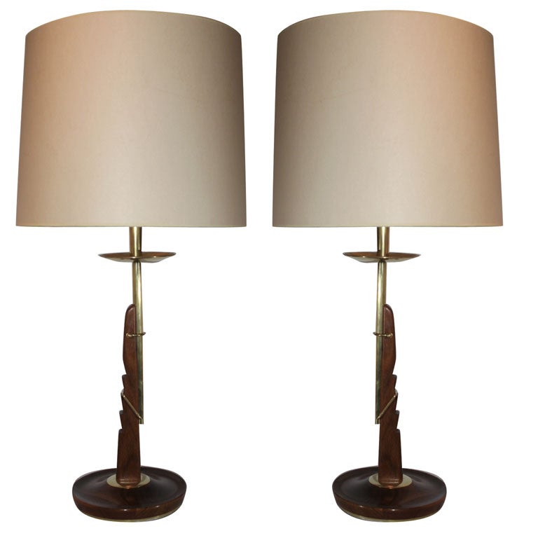  Table Lamps Pair Mid Century Modern adjustable wood and brass  For Sale