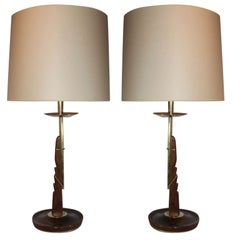  Table Lamps Pair Mid Century Modern adjustable wood and brass 