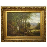 Oil on canvas.  British School.  Mountainous landscape w/cattle