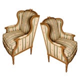 PAIR 19TH c. FRENCH LOUIS XVI STYLE GILDED WING BACK CHAIRS