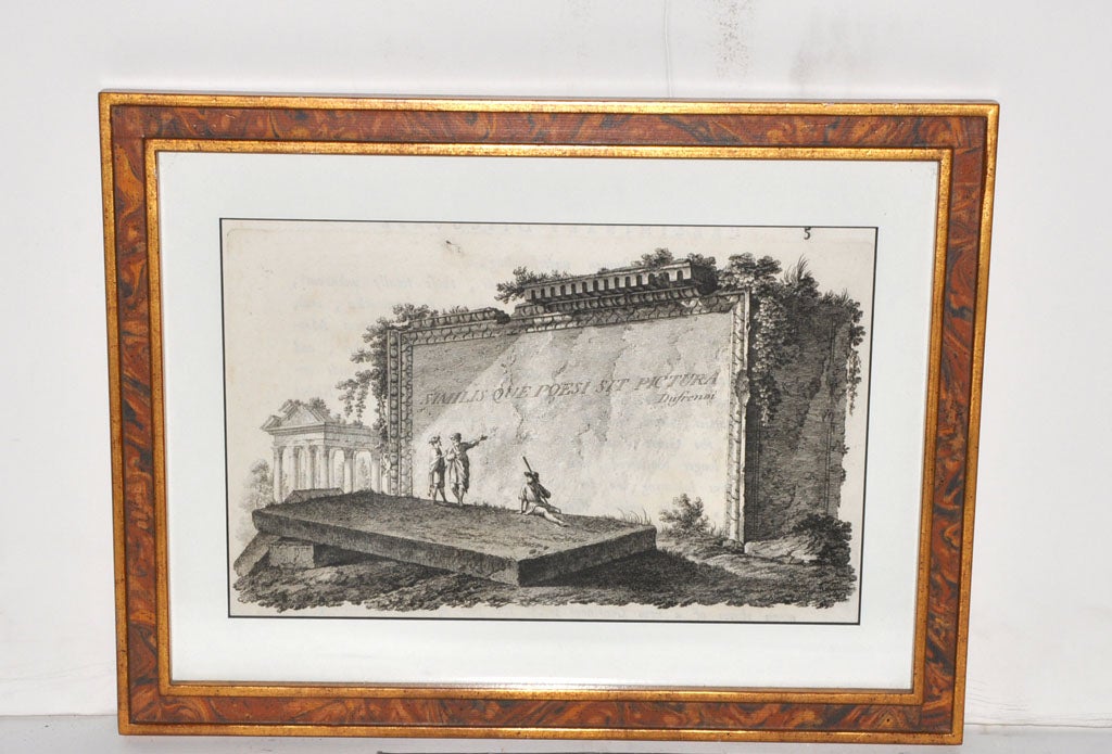 This is an interesting set of six etchings which depict images of Roman ruins in different forms. One even features a quote by the famous poet Horace and another contains the image of an Egyptian sarcophagus.  
They are wonderfully framed and would