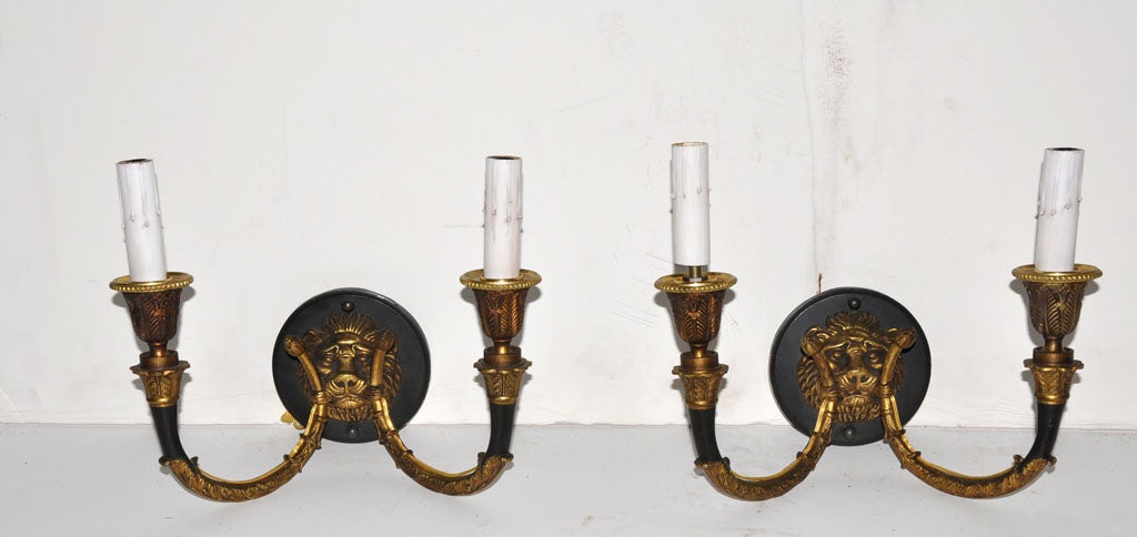 This distinguished pair of Empire style, French brass sconces boast intricate detail on the cornu shaped arms. The lion heads sit on a black enameled, circular base. The pièce de résistance to your classical decor! Perfect in a library or a formal