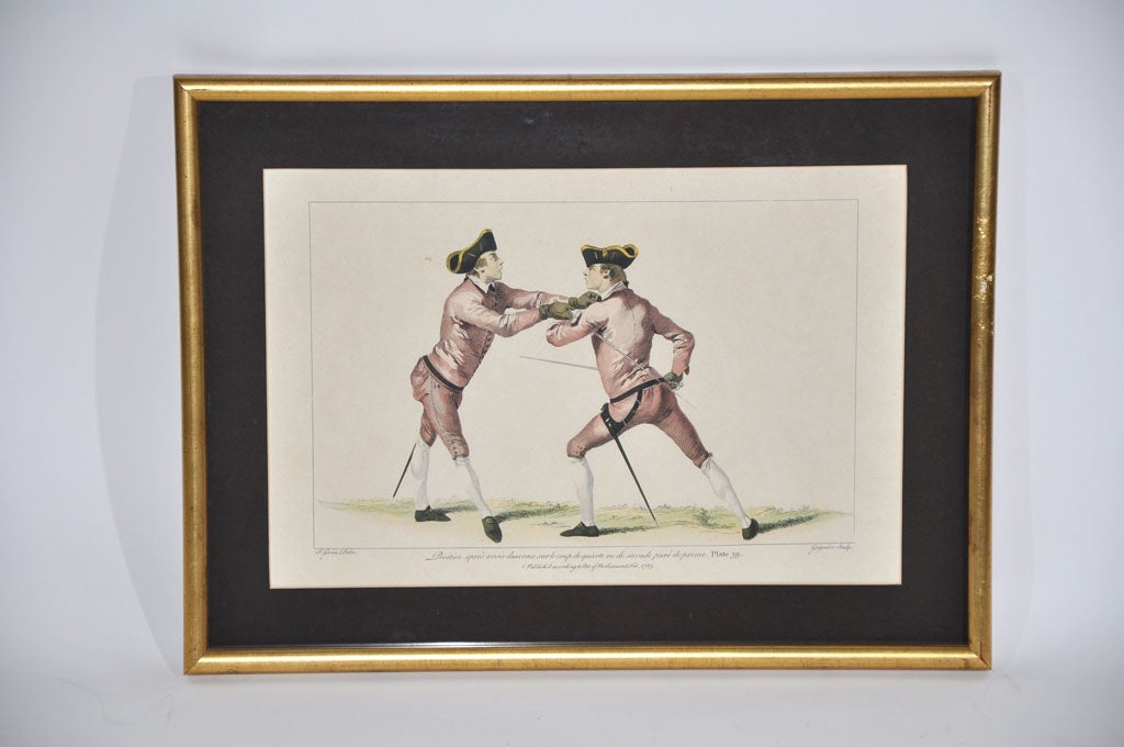 This is a wonderful set of nine hand-colored French etchings depicting various fencing positions. The 18th Century costumes are vibrantly tinted. 
They have been framed in classic gold frames with bevelled edge mats. These would be well-suited for