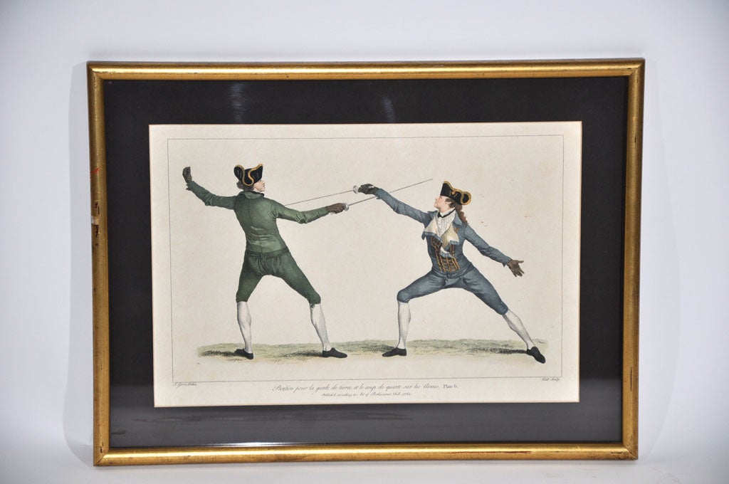 Louis XV Set of Nine Framed Hand Colored Etchings Depicting Fencing Positions For Sale