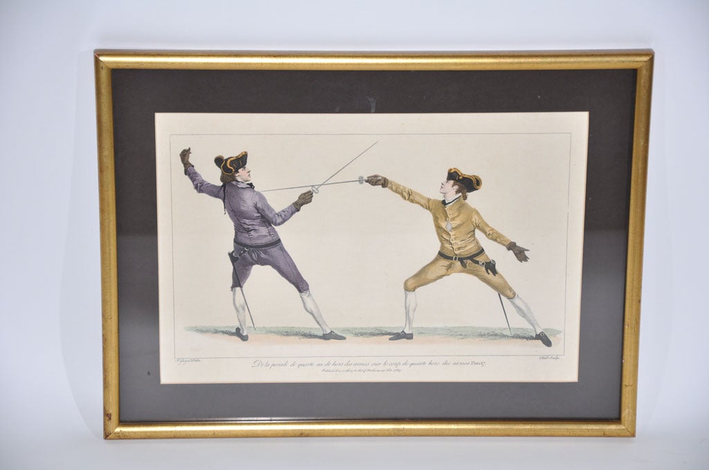 French Set of Nine Framed Hand Colored Etchings Depicting Fencing Positions For Sale