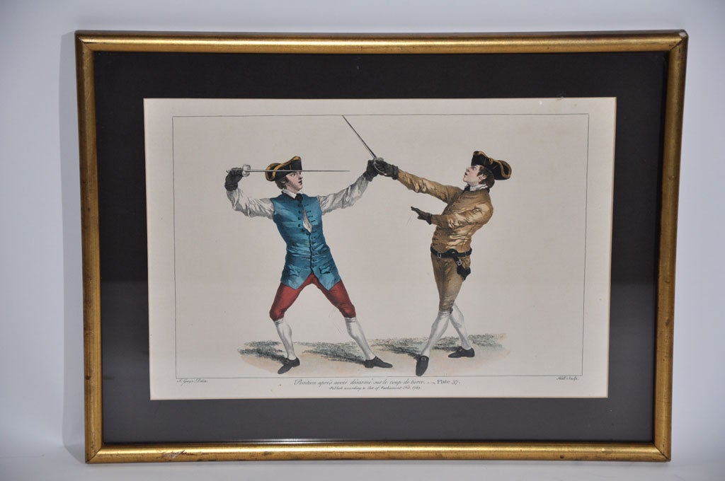 Set of Nine Framed Hand Colored Etchings Depicting Fencing Positions In Excellent Condition For Sale In Los Angeles, CA