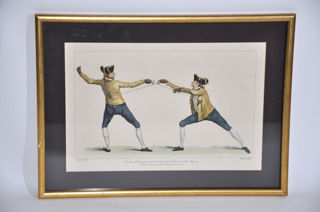 19th Century Set of Nine Framed Hand Colored Etchings Depicting Fencing Positions For Sale