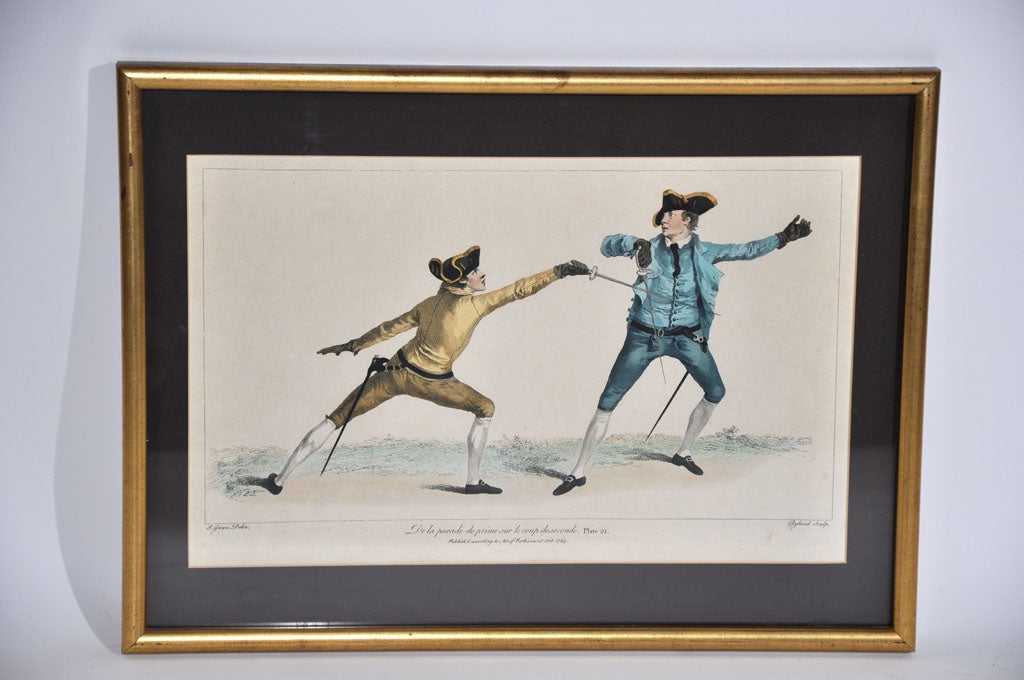 Paper Set of Nine Framed Hand Colored Etchings Depicting Fencing Positions For Sale