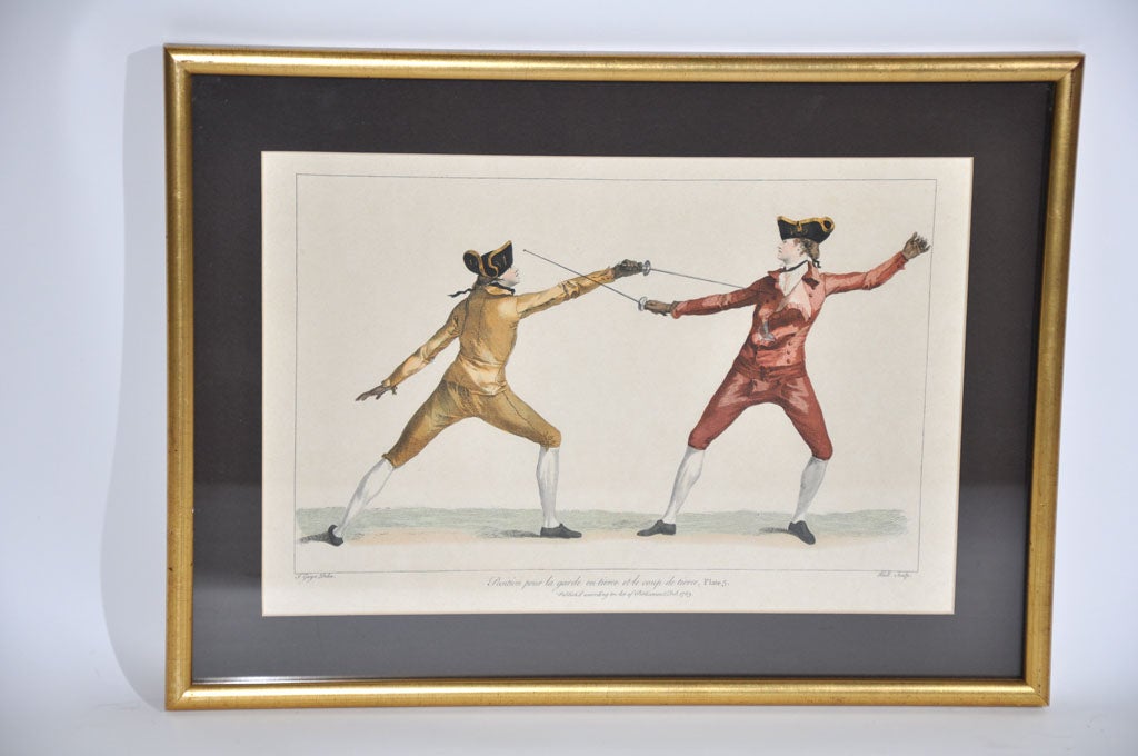 Set of Nine Framed Hand Colored Etchings Depicting Fencing Positions For Sale 1