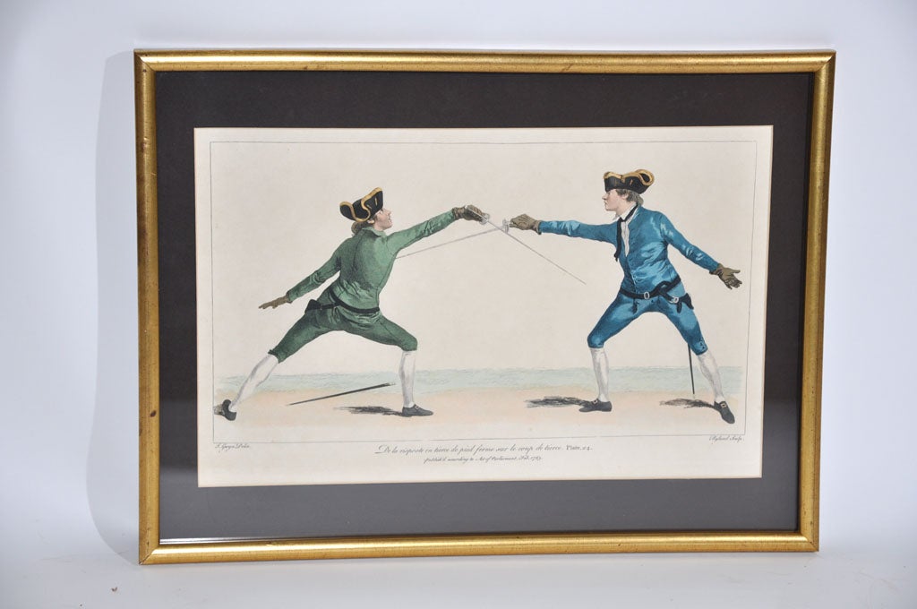 Set of Nine Framed Hand Colored Etchings Depicting Fencing Positions For Sale 2