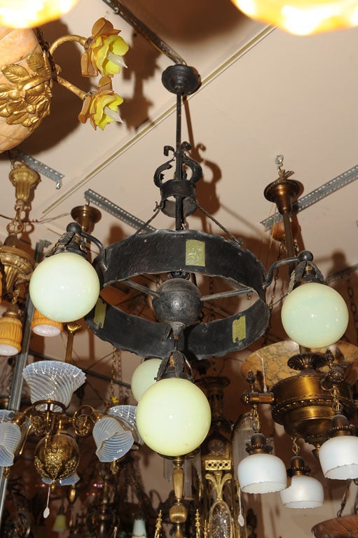 Hand-Crafted Arts and Crafts Hammered Iron Chandelier ca. 1910