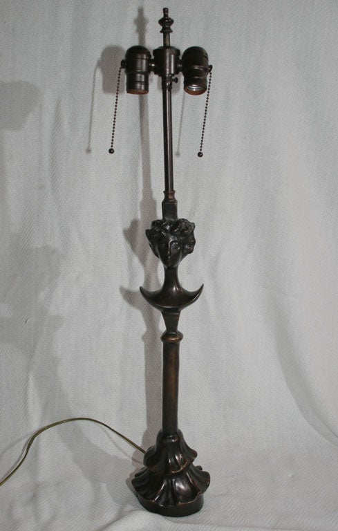 Bronze Table Lamp after Giacometti.  Double cluster light with pull chains, shade not included.