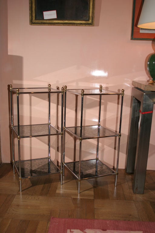 A Pair of Three Tiered Polished Brass and Nickel Étagère Tables