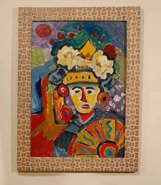 A Fauvist oil on board abstract painting by Hungarian artist Miklos Nemeth (1934-2012). This abstract portrait from the mid 20th century shows a strong Fauve influence. Using vibrant colors that a Matisse would not have shied away from, our artist