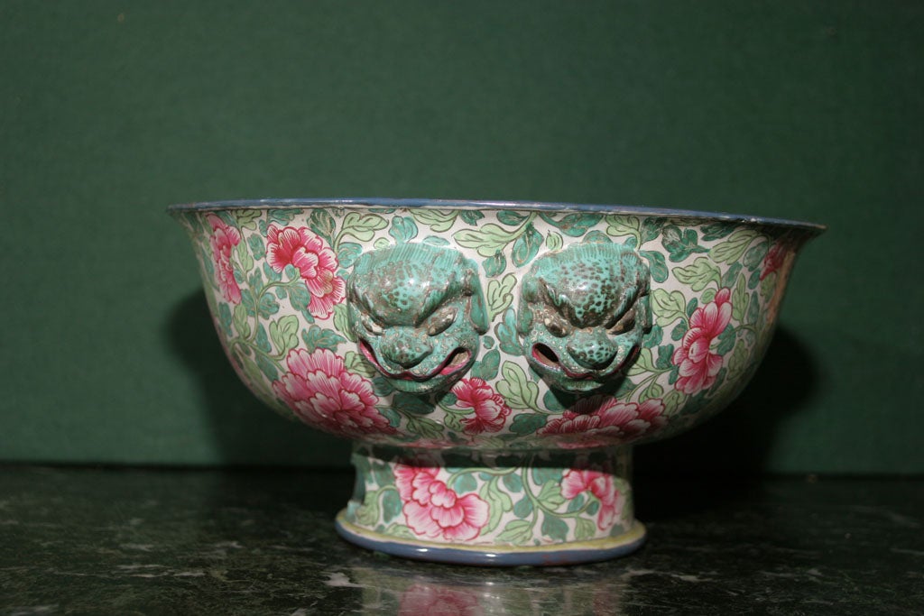Enameled Chinese Stoneware Censer with Two Pairs of Masks and Enamels of Peonies For Sale