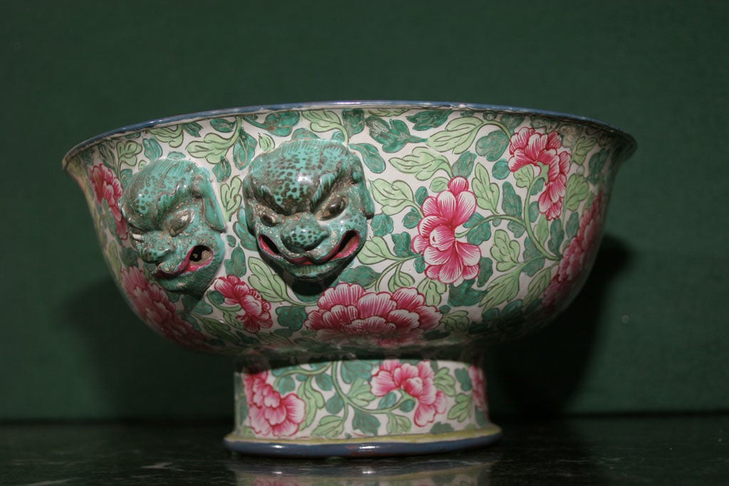 Chinese Stoneware Censer with Two Pairs of Masks and Enamels of Peonies In Excellent Condition For Sale In New York, NY