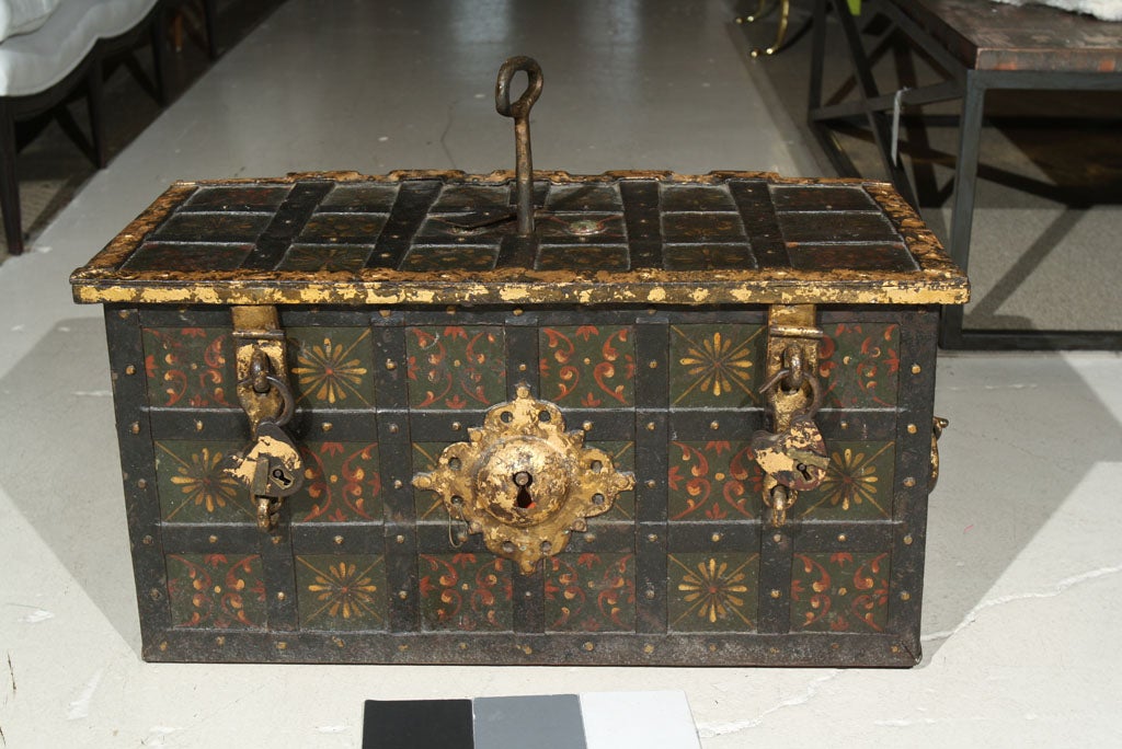 Spanish paint decorated iron strong box with original keys