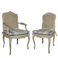 Set 6 Dining Chairs with Blue cross-hatch painted decoration