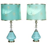 Vintage PAIR Atomic Aqua Teal Lamps with Original Fiber Shades