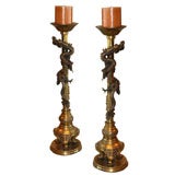 1920's Pair of Bronze Chinoiserie Decorated Candlesticks