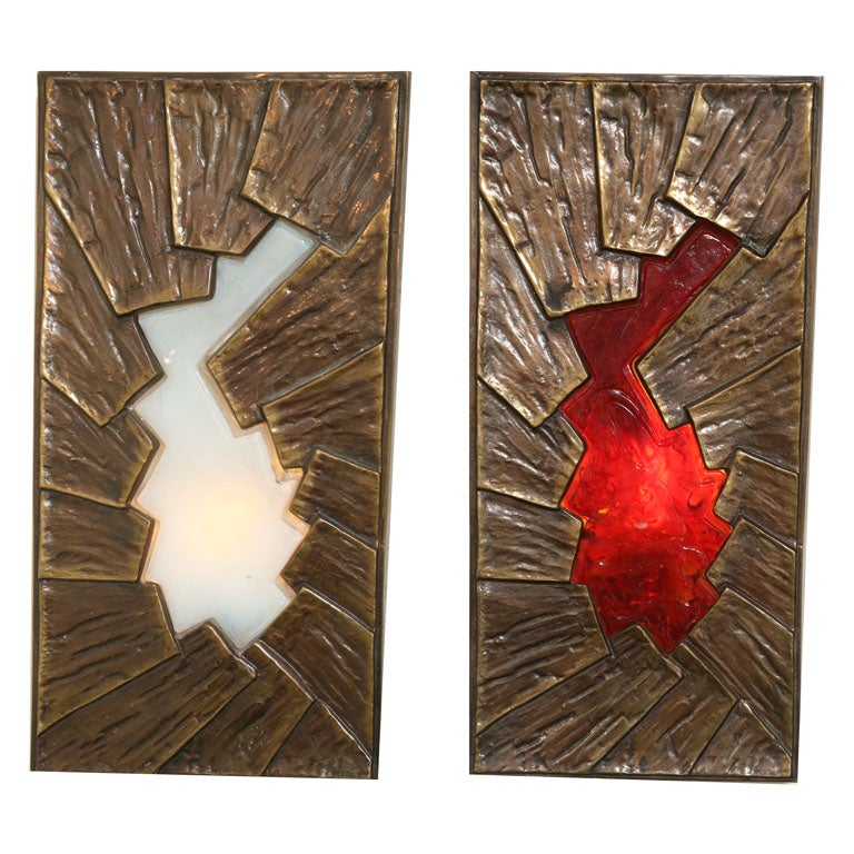 Pair of Scupltural Bronze and Glass Wall Lights