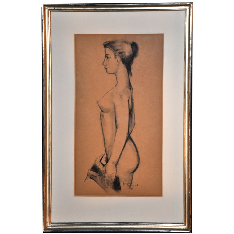 REMARKABLE CHARCOAL NUDE BY JOHANNES HEDEGAARD, c. 1950 For Sale