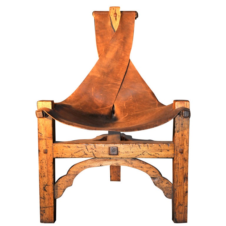 ARTS AND CRAFTS 3 LEGGED LEATHER SLING CHAIR at 1stdibs