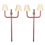 Red Leather bound on brass two light sconces by Jacques Adnet