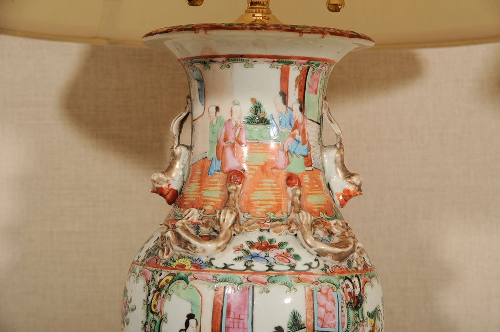 20th Century Pair Chinese Famille Rose Vases, Now Wired as Lamps
