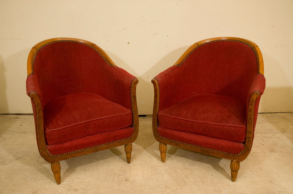 Pr. Upholstered Deco tub chairs with maple frame.