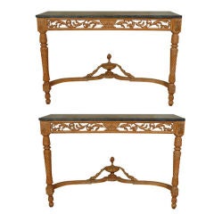 Antique Pair of Console Tables of Carved Walnut with Black Marble Tops