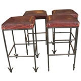 Set of (4) Fin de Siecle Bar Stools of Iron with Leather Seats