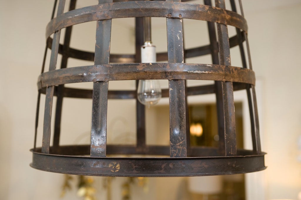 This metal basket once used to transport very large single jugs of<br />
wine, has been transformed into an unusual single light<br />
pendant.