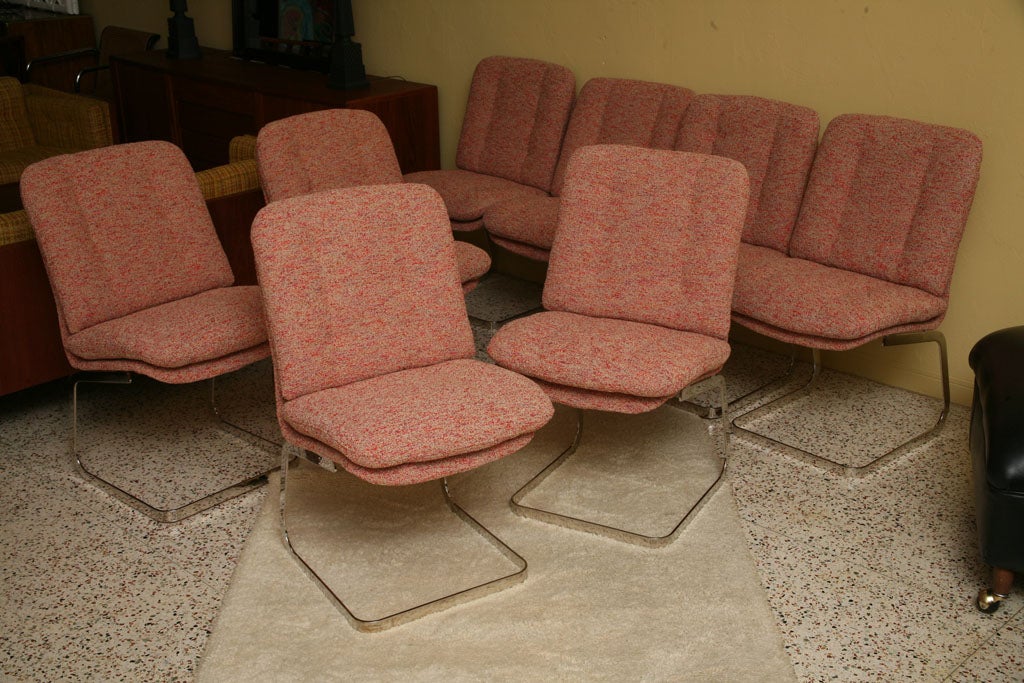 ...SOLD...70's chic from Roche Bobois, these nickeled steel cantilever chairs are stunning in their new boucle weave upholstered shells with blind tufted cushions....plush & extremely comfy.  Clever snaps secure cushions.  We've retained their