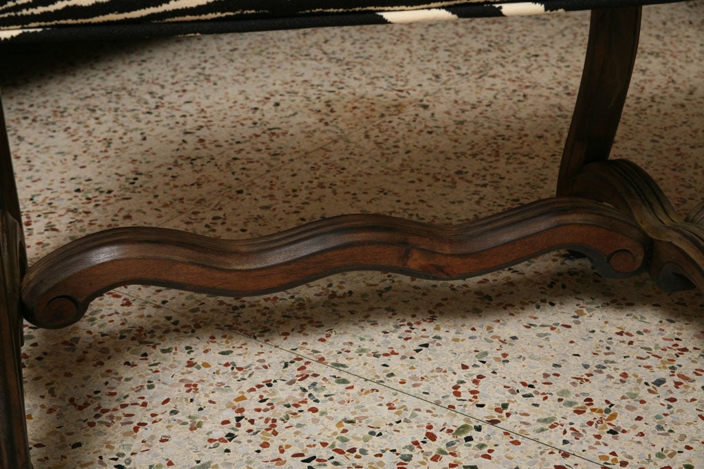 Upholstery Carved Walnut French Bench in Zebra