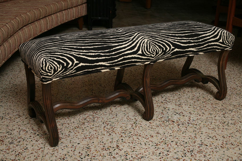 Lovely long bench of carved and shaped walnut richly upholstered in Zebra ultrasuede. Classic elegance! Great long stool, window seat. Room anchor size.

Reduced from $2275.

    