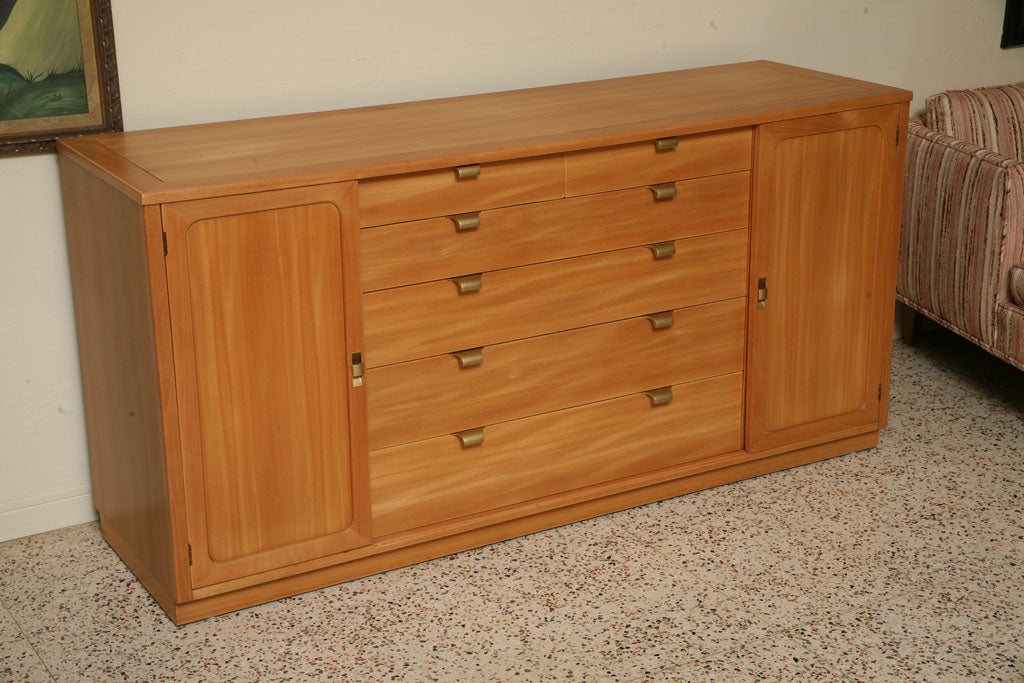 SOLD MARCH 2012 Handsome in lustrous Silver Elm, this Edward Wormley late 40's designed Sideboard or Dresser was part of the Precedent Collection by Drexel.  Featuring a centered battery of drawers, two short and four long with curving hardware