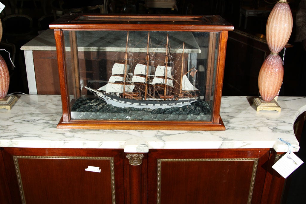 English Four Masted Sailing Schooner Model in Mahogany Case