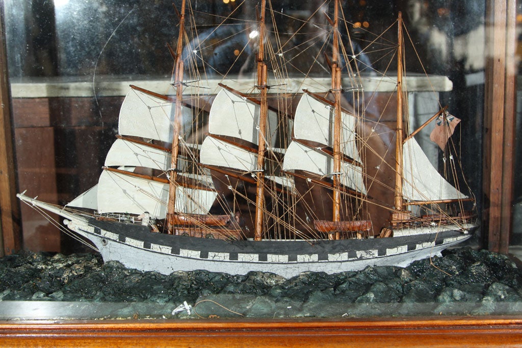 Four Masted Sailing Schooner Model in Mahogany Case In Good Condition In Stamford, CT