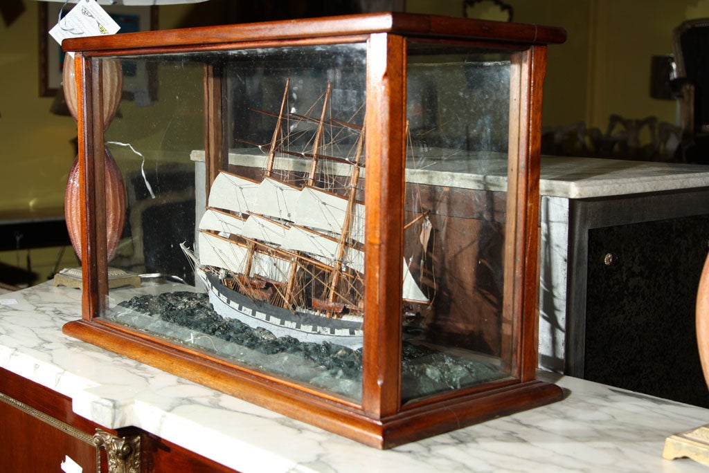 Glass Four Masted Sailing Schooner Model in Mahogany Case